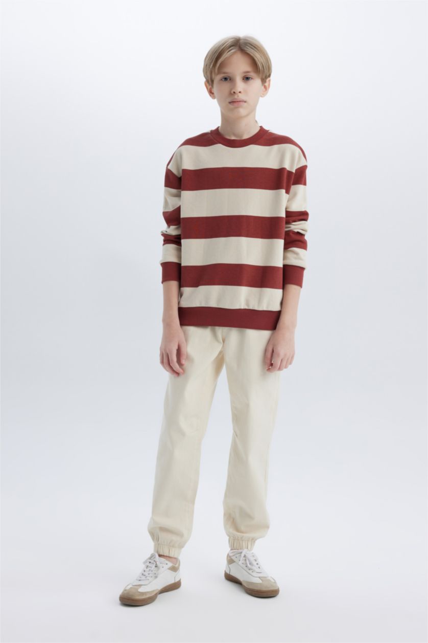 Erkek Çocuk - Genç Erkek Taş Oversize Geniş Kalıp Bisiklet Yaka Çizgili Sweatshirt Erkek Çocuk