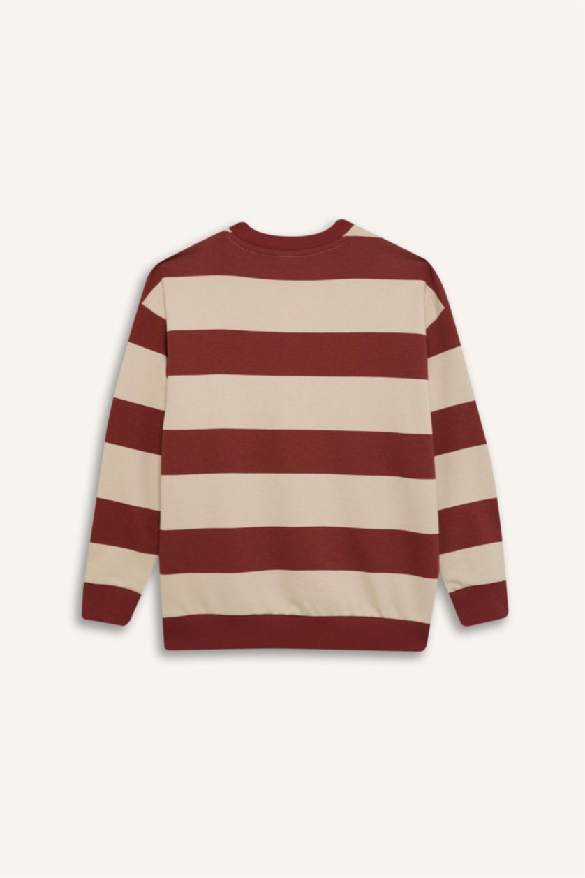 Erkek Çocuk - Genç Erkek Taş Oversize Geniş Kalıp Bisiklet Yaka Çizgili Sweatshirt Erkek Çocuk