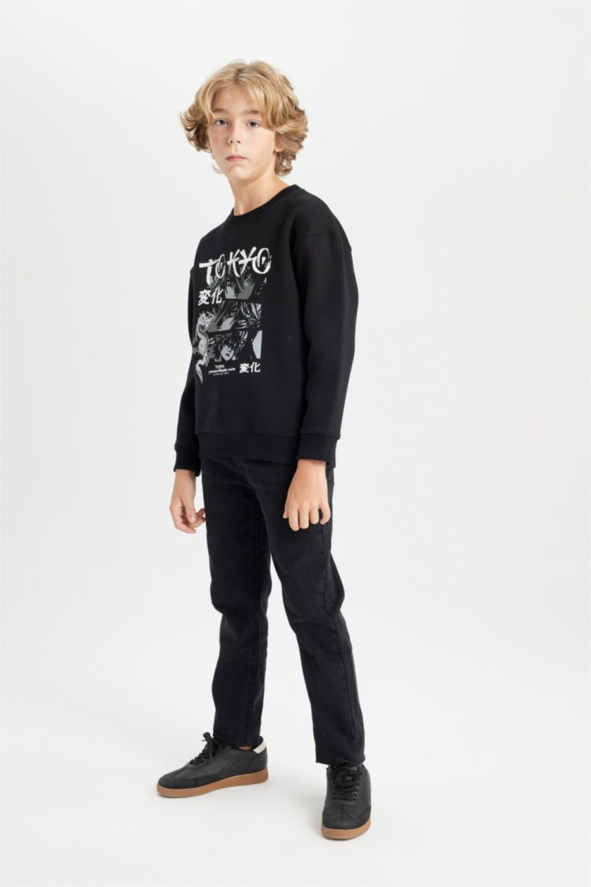 Erkek Çocuk - Genç Erkek Siyah Siyah Oversize Geniş Kalıp Bisiklet Yaka Baskılı Sweatshirt Erkek Çocuk