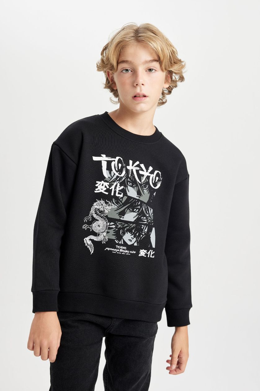 Erkek Çocuk - Genç Erkek Siyah Siyah Oversize Geniş Kalıp Bisiklet Yaka Baskılı Sweatshirt Erkek Çocuk