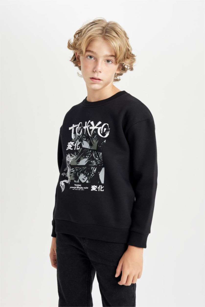 Erkek Çocuk - Genç Erkek Siyah Siyah Oversize Geniş Kalıp Bisiklet Yaka Baskılı Sweatshirt Erkek Çocuk