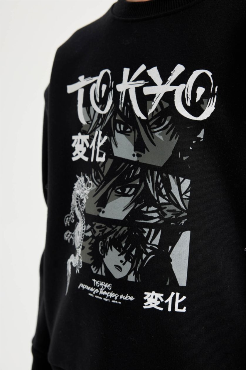 Erkek Çocuk - Genç Erkek Siyah Siyah Oversize Geniş Kalıp Bisiklet Yaka Baskılı Sweatshirt Erkek Çocuk