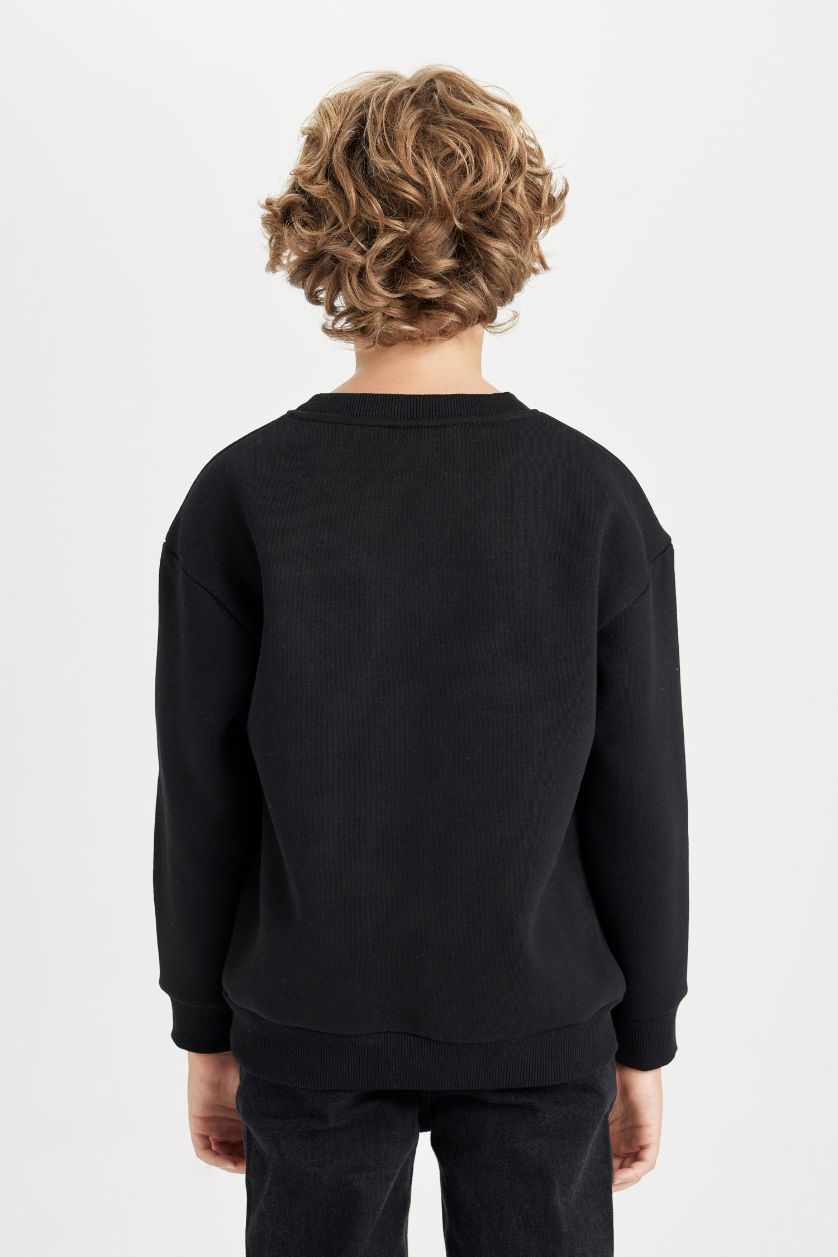 Erkek Çocuk - Genç Erkek Siyah Siyah Oversize Geniş Kalıp Bisiklet Yaka Baskılı Sweatshirt Erkek Çocuk