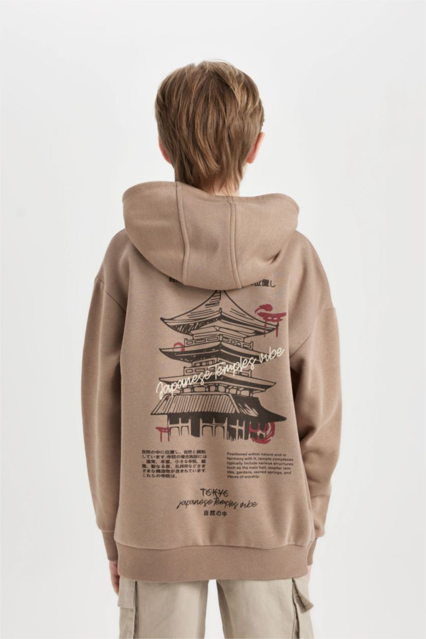 Erkek Çocuk - Genç Erkek Açık Kahve Oversize Geniş Kalıp Sırt Baskılı Kapüşonlu Sweatshirt Erkek Çocuk