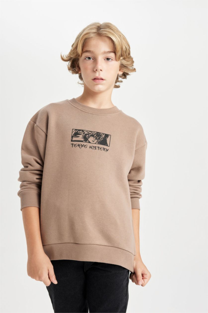 BOYS & TEENS Light Brown Boy Oversize Fit Wide Fit Back Printed Crew Neck Sweatshirt
