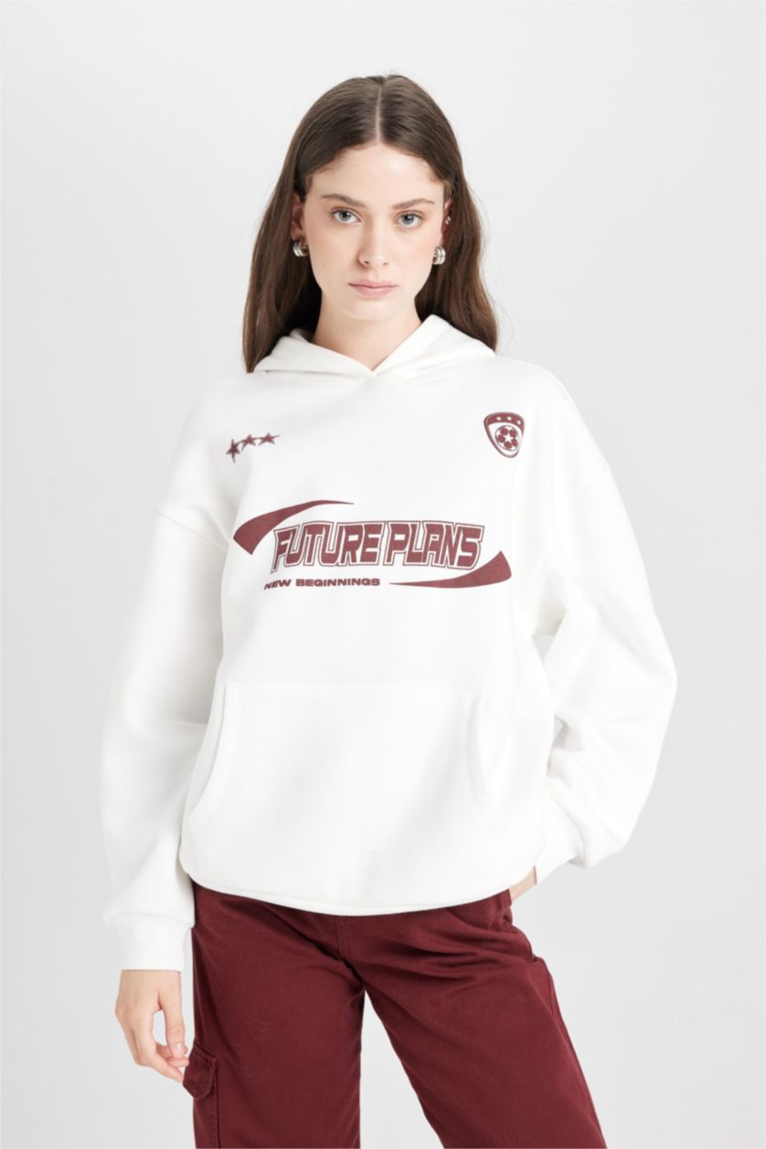 Kadın Kırık Beyaz Oversize Geniş Kalıp Kapüşonlu Baskılı Kalın Sweatshirt