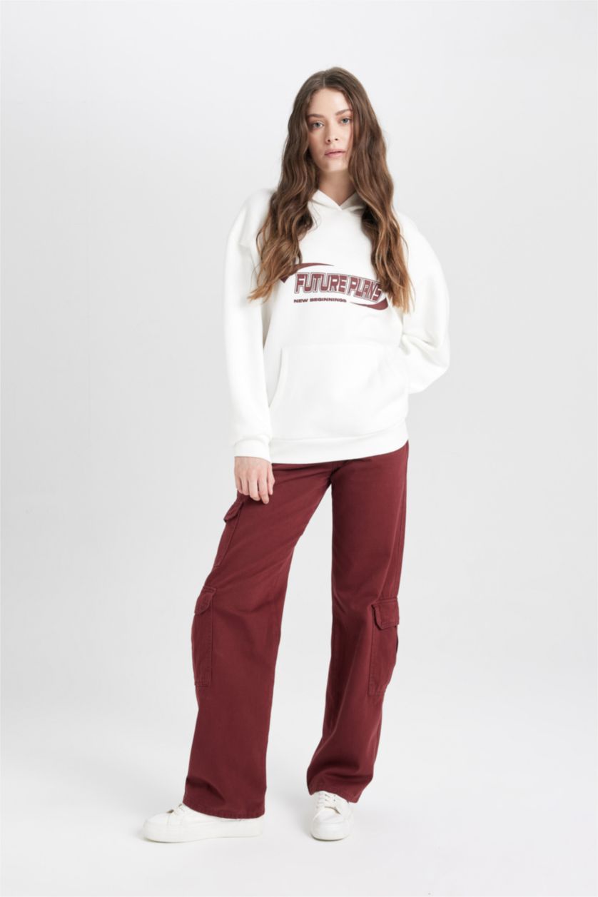 Kadın Kırık Beyaz Oversize Geniş Kalıp Kapüşonlu Baskılı Kalın Sweatshirt