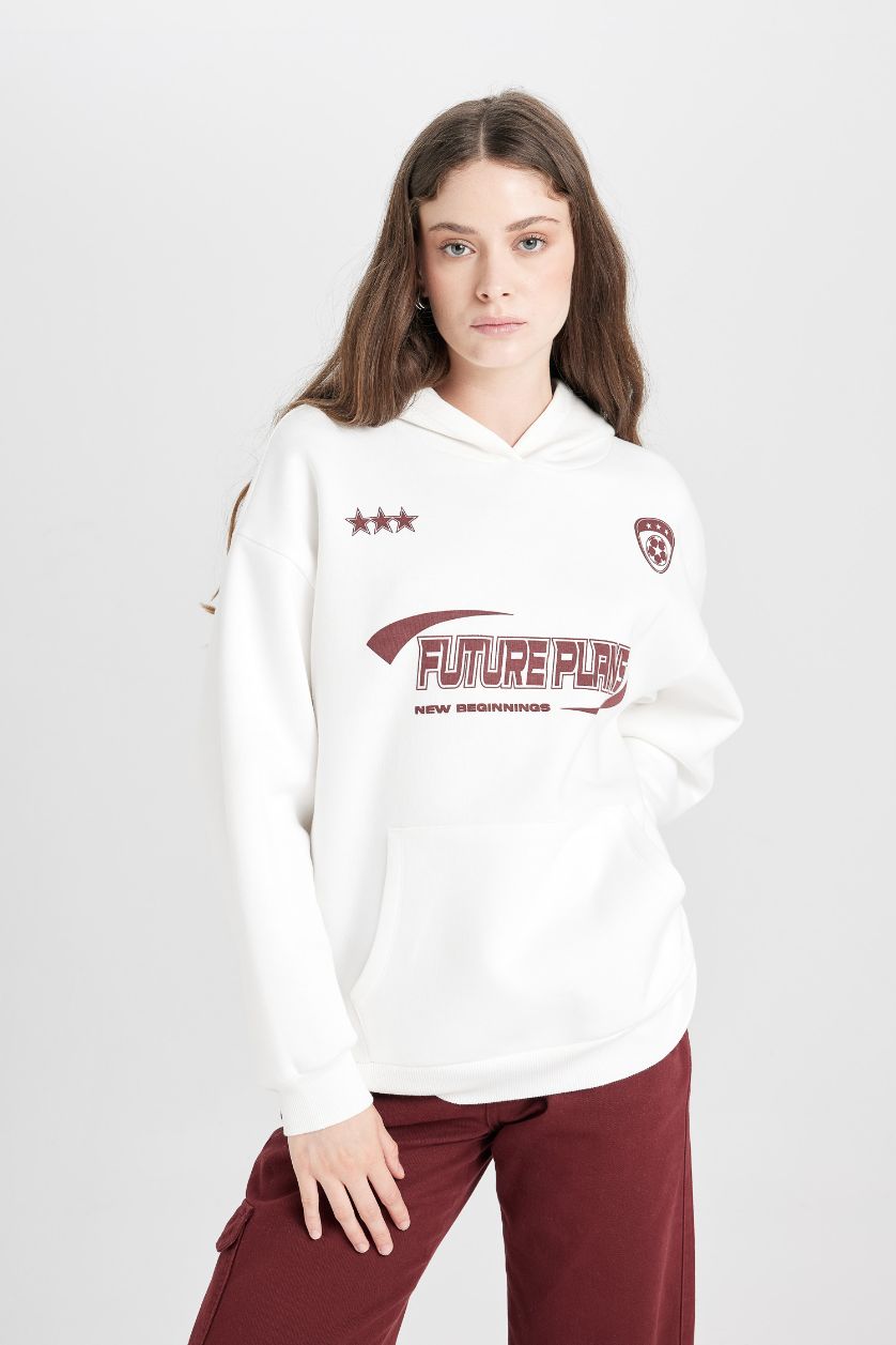 Kadın Kırık Beyaz Oversize Geniş Kalıp Kapüşonlu Baskılı Kalın Sweatshirt