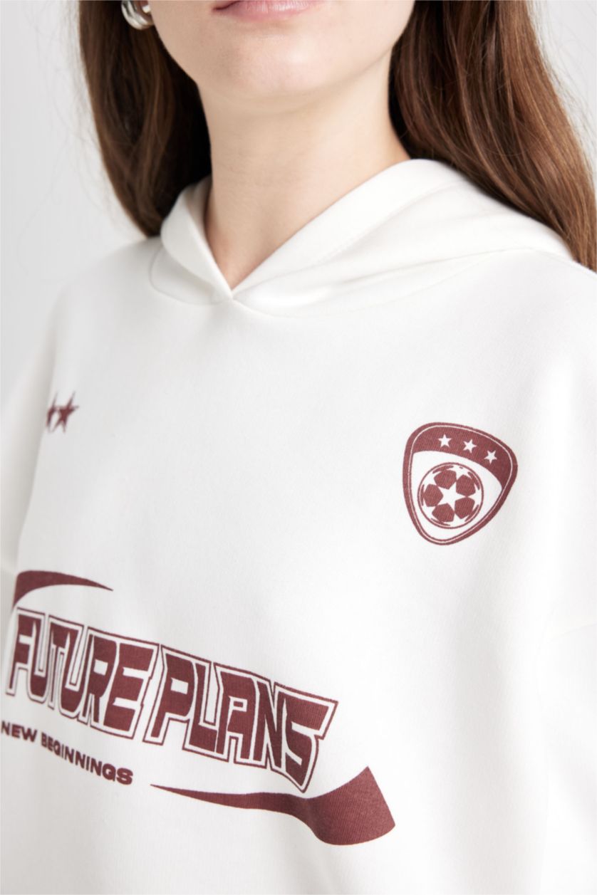 Kadın Kırık Beyaz Oversize Geniş Kalıp Kapüşonlu Baskılı Kalın Sweatshirt