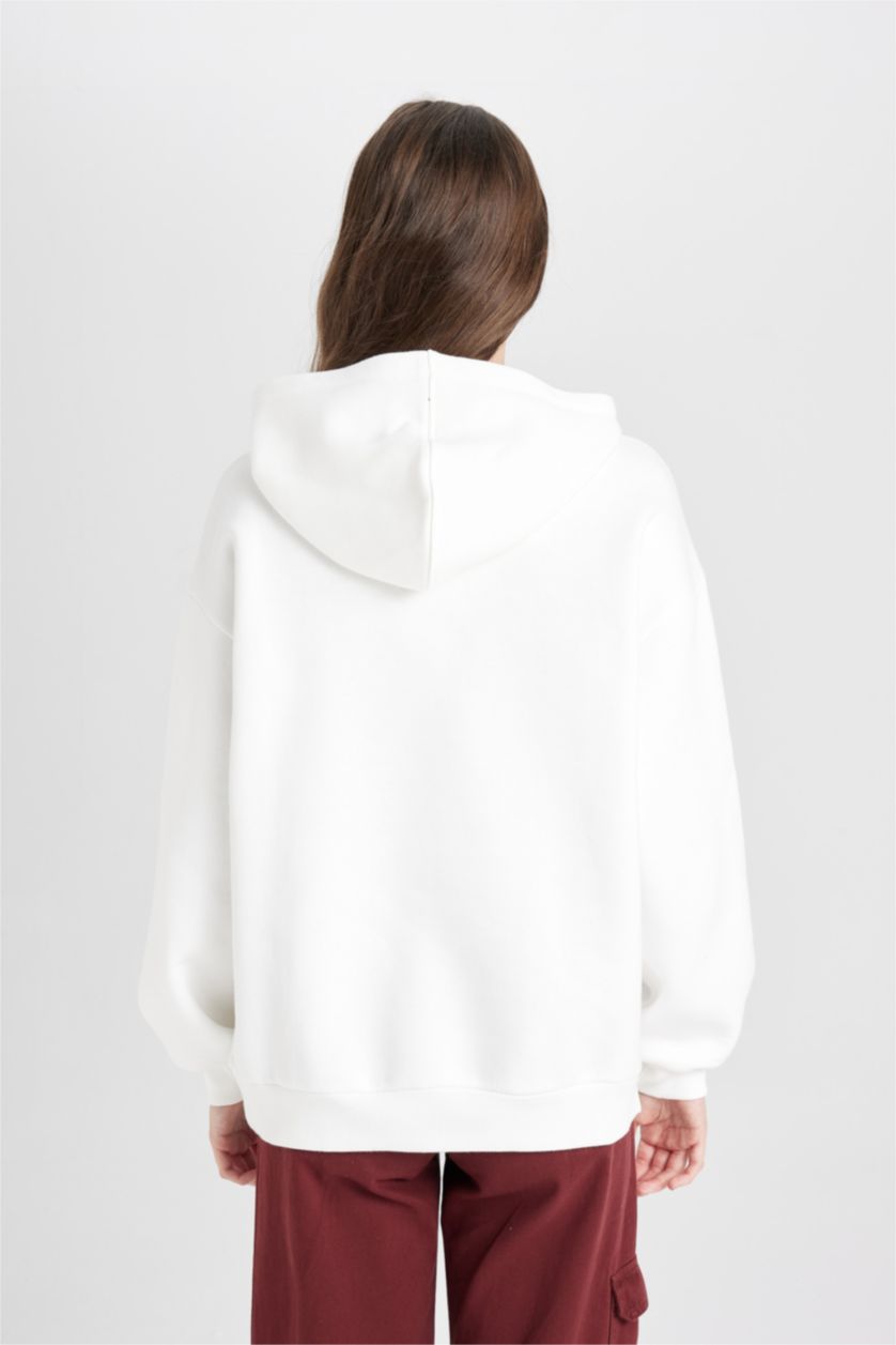 Kadın Kırık Beyaz Oversize Geniş Kalıp Kapüşonlu Baskılı Kalın Sweatshirt