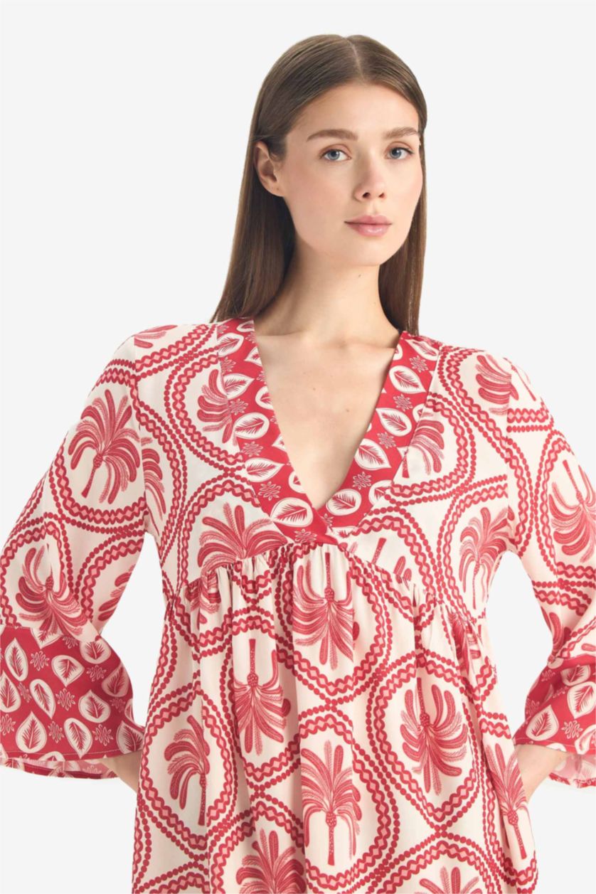 Kadın Kırmızı V Yaka Desenli Plaj Elbisesi