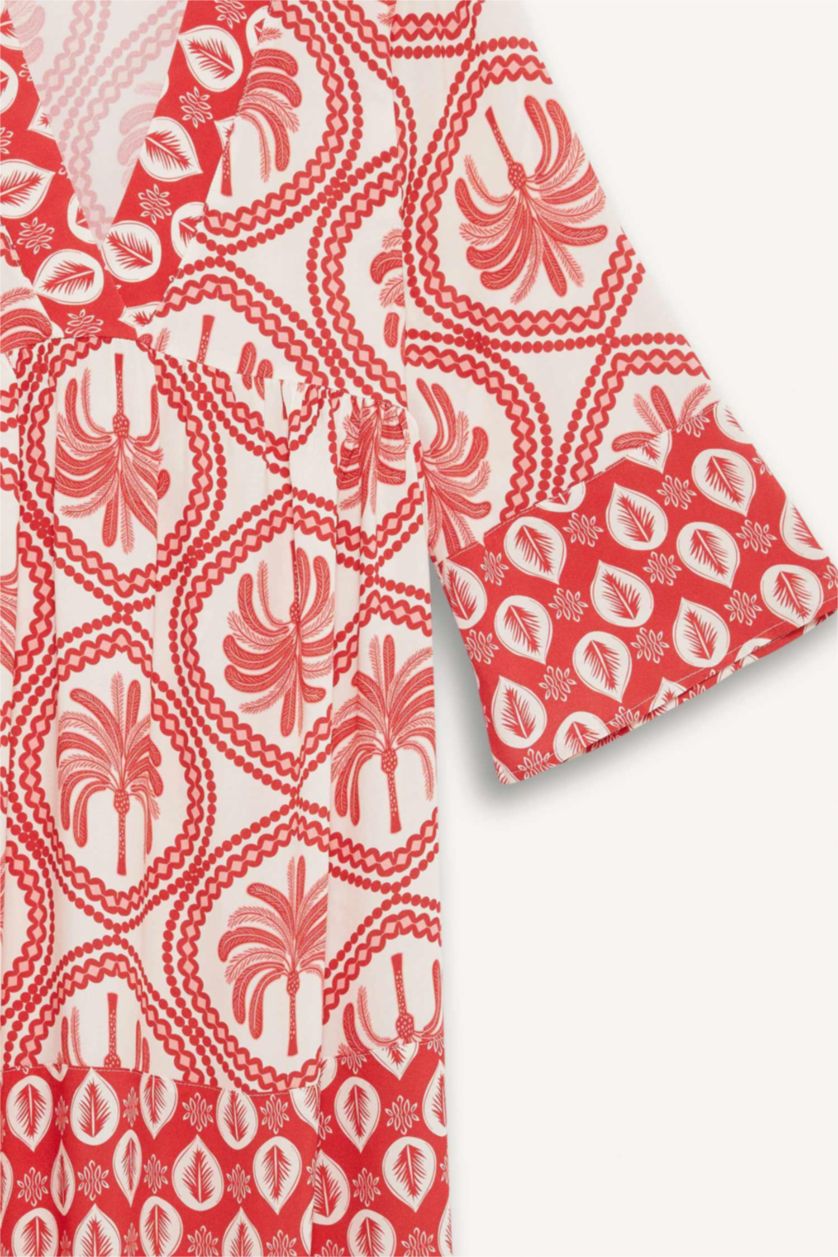 Kadın Kırmızı V Yaka Desenli Plaj Elbisesi