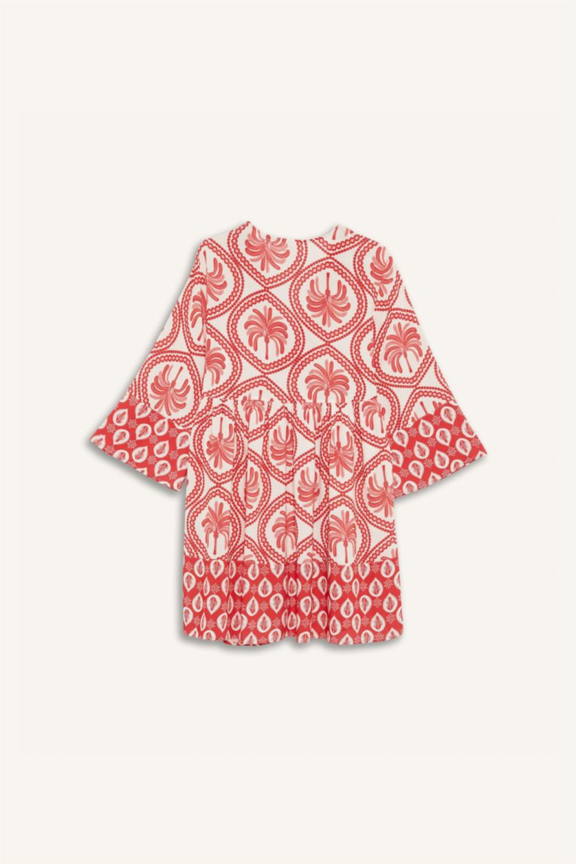 Kadın Kırmızı V Yaka Desenli Plaj Elbisesi