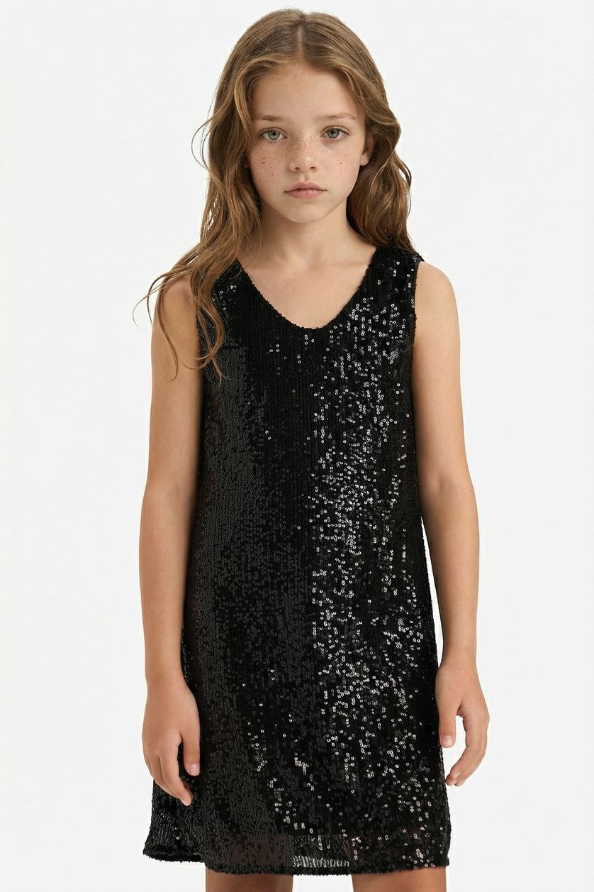 Kız Çocuk - Genç Kız Siyah Kolsuz Payetli Elbise Kız Çocuk
