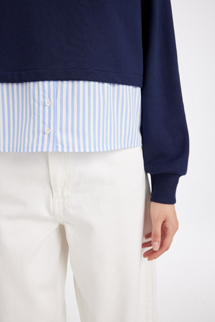 WOMAN NAVY Relax Fit Crew Neck Hem Detailed Basic Sweatshirt