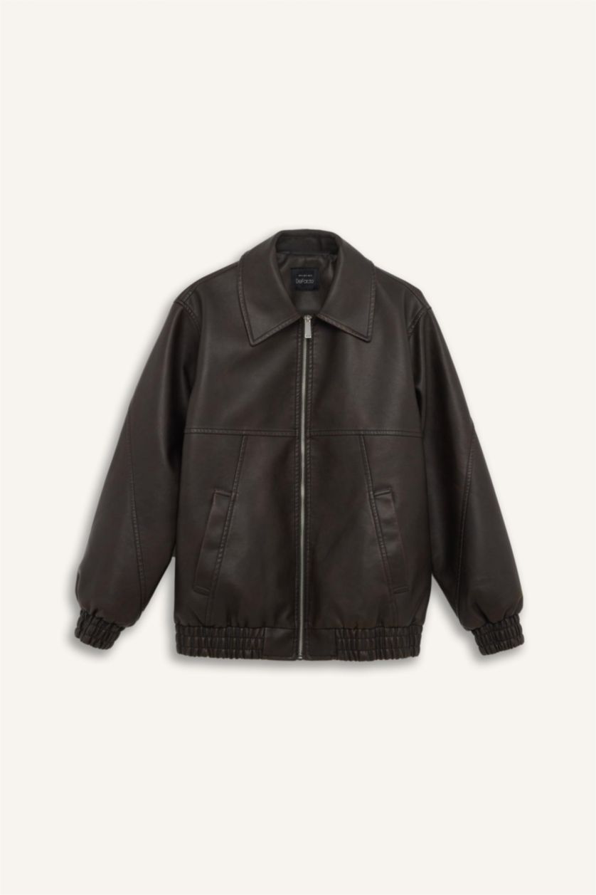 Kadın Kahve Dad Fit Polo Yaka Cepli Fermuarlı Suni Deri Mont