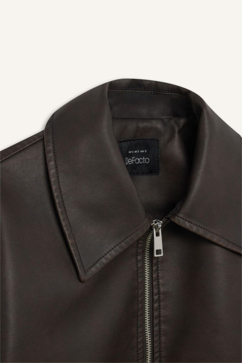 Kadın Kahve Dad Fit Polo Yaka Cepli Fermuarlı Suni Deri Mont