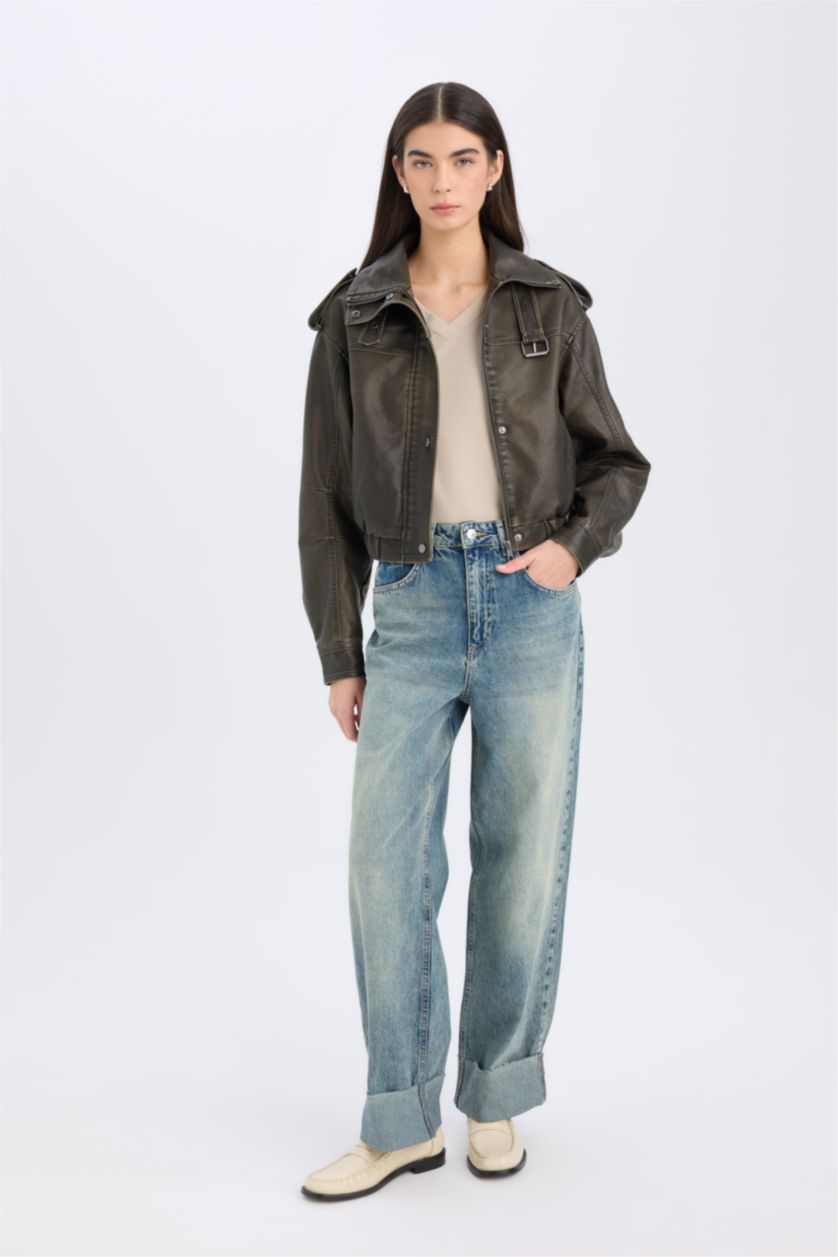 Kadın Haki Relax Fit Suni Deri Ceket Mont Fermuarlı Çift Cepli