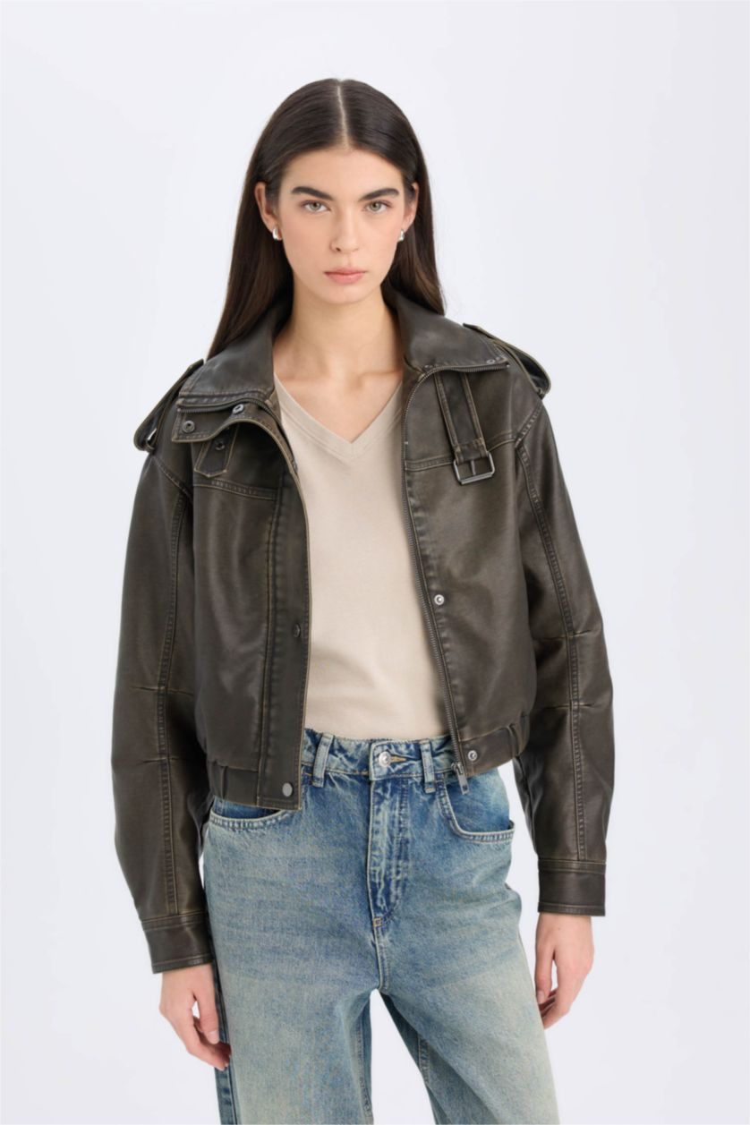 Kadın Haki Relax Fit Suni Deri Ceket Mont Fermuarlı Çift Cepli