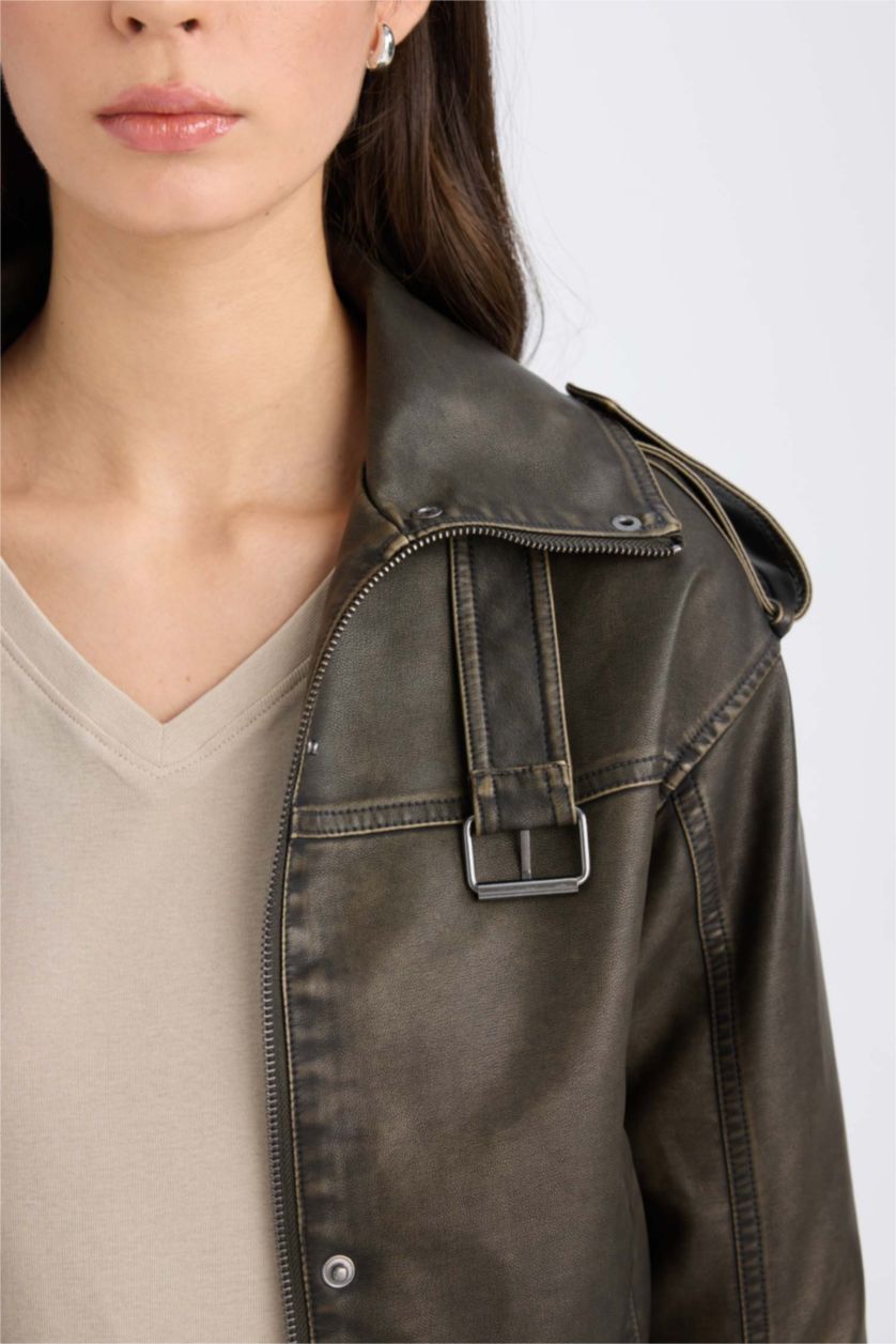 Kadın Haki Relax Fit Suni Deri Ceket Mont Fermuarlı Çift Cepli