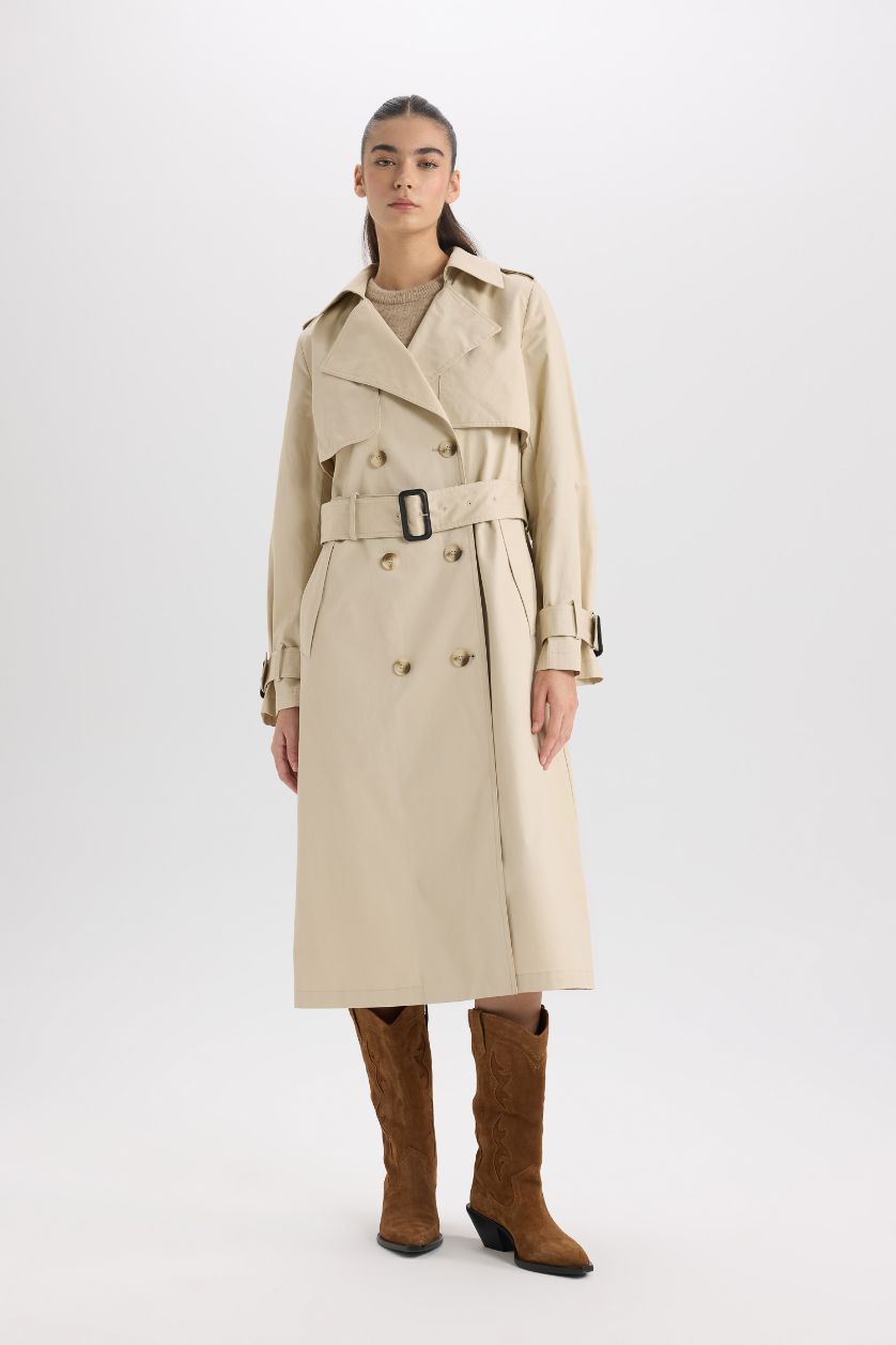 Woman Ecru Double Breasted Belted Long Trench Coat