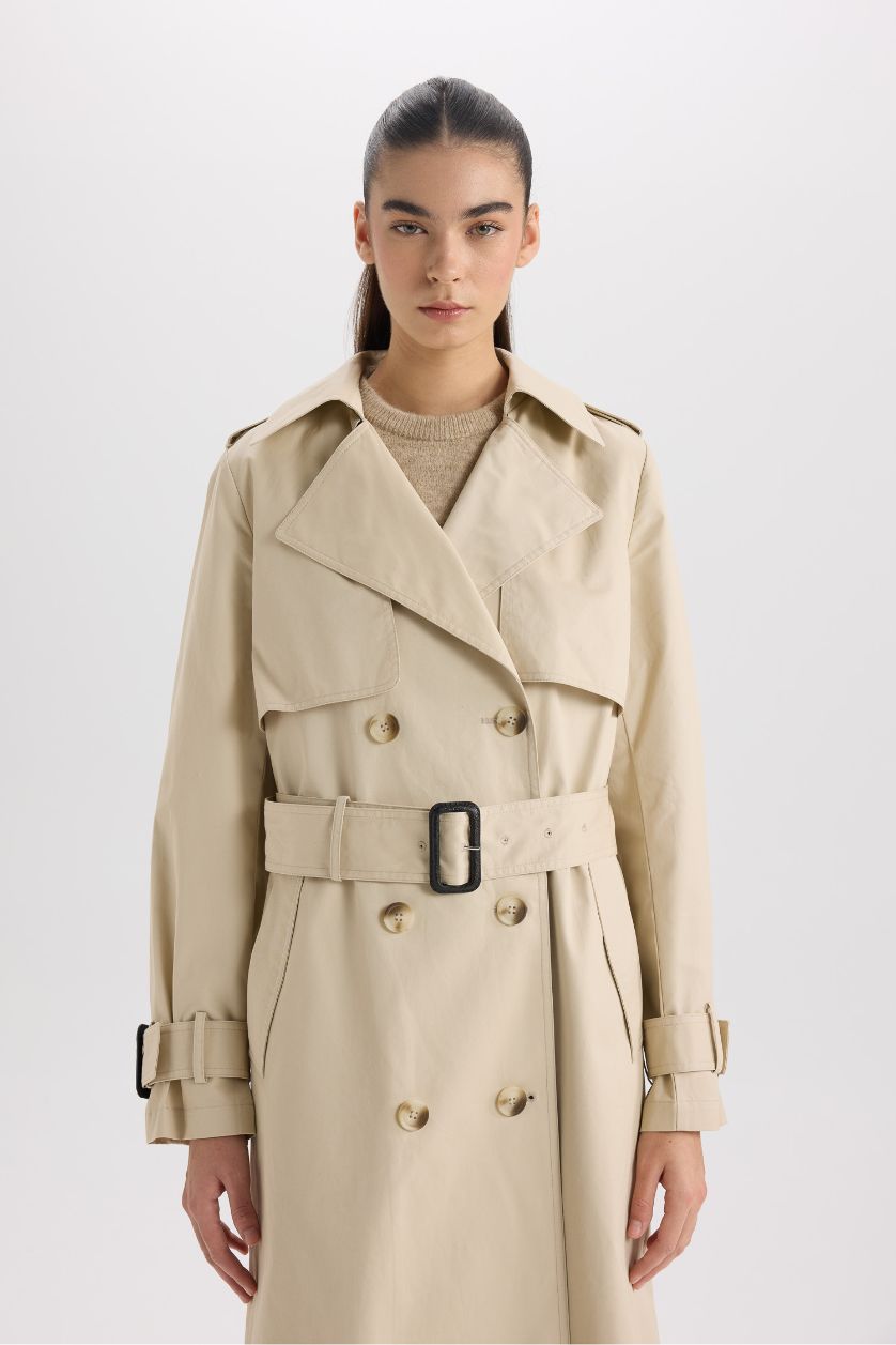 Woman Ecru Double Breasted Belted Long Trench Coat