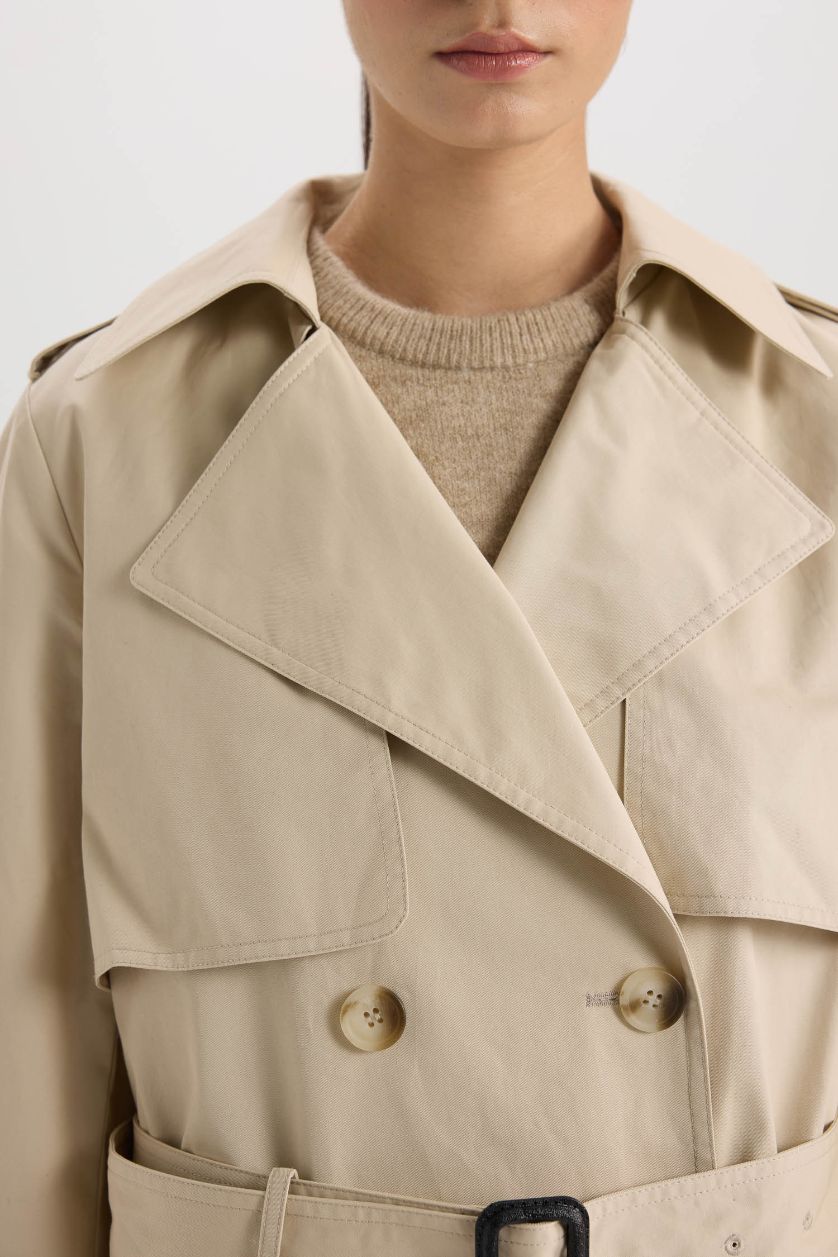 Woman Ecru Double Breasted Belted Long Trench Coat