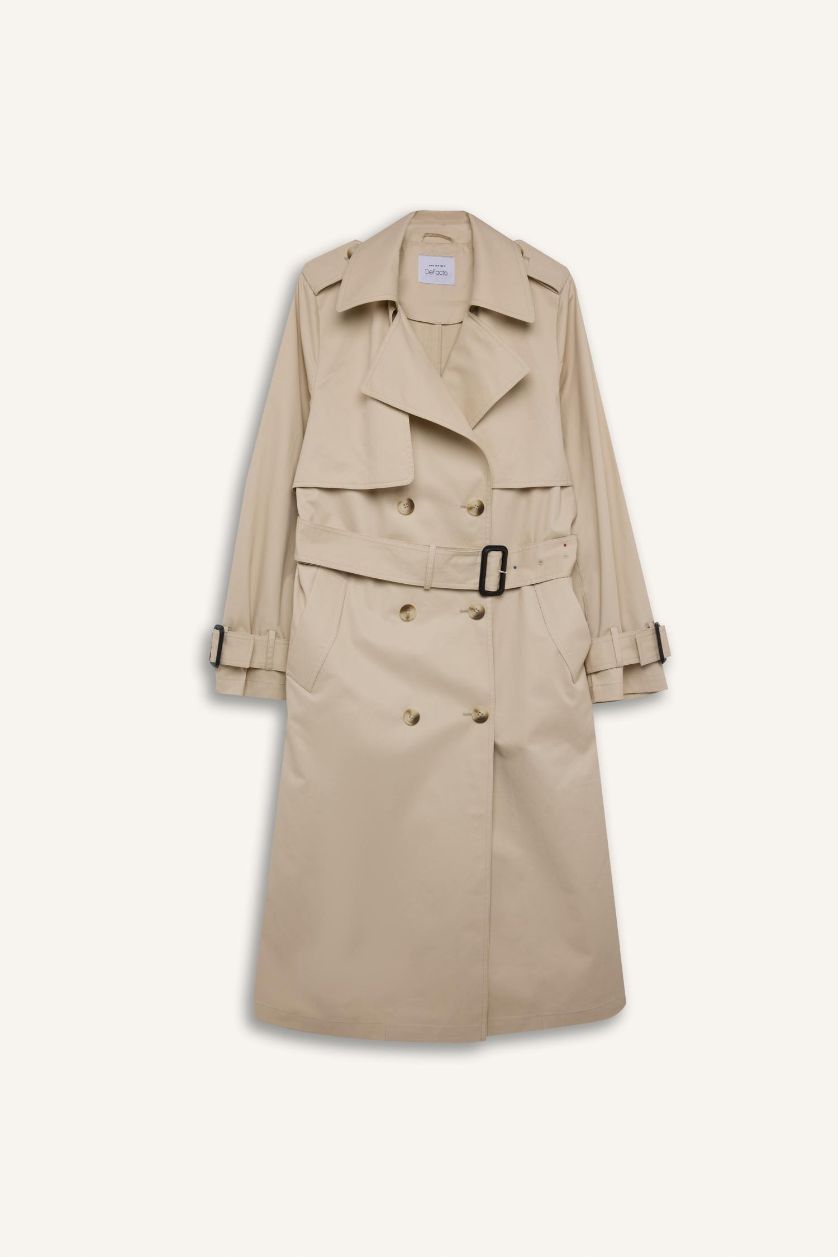 Woman Ecru Double Breasted Belted Long Trench Coat