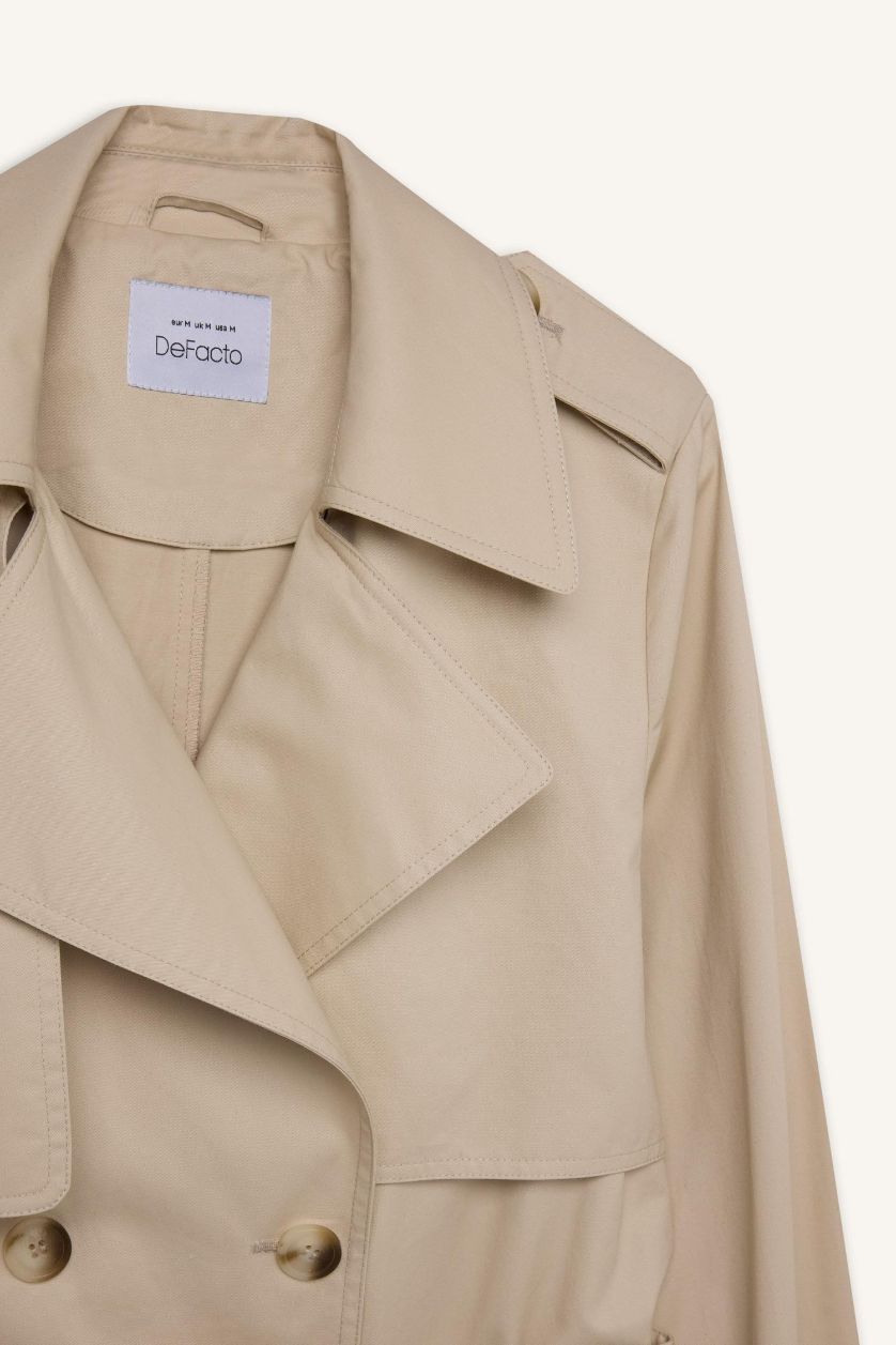 Woman Ecru Double Breasted Belted Long Trench Coat