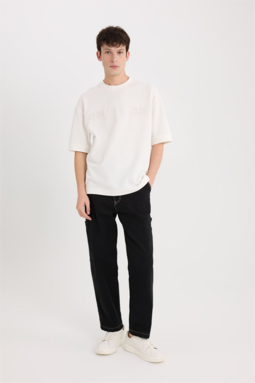 Erkek Ekru Loose Fit Bisiklet Yaka Baskılı Kısa Kollu Ağır Kumaş Tişört