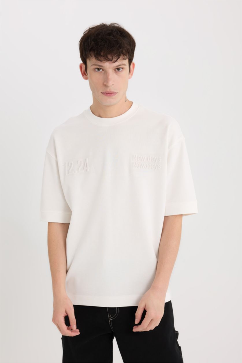 Erkek Ekru Loose Fit Bisiklet Yaka Baskılı Kısa Kollu Ağır Kumaş Tişört