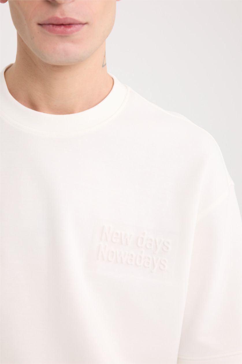 Erkek Ekru Loose Fit Bisiklet Yaka Baskılı Kısa Kollu Ağır Kumaş Tişört