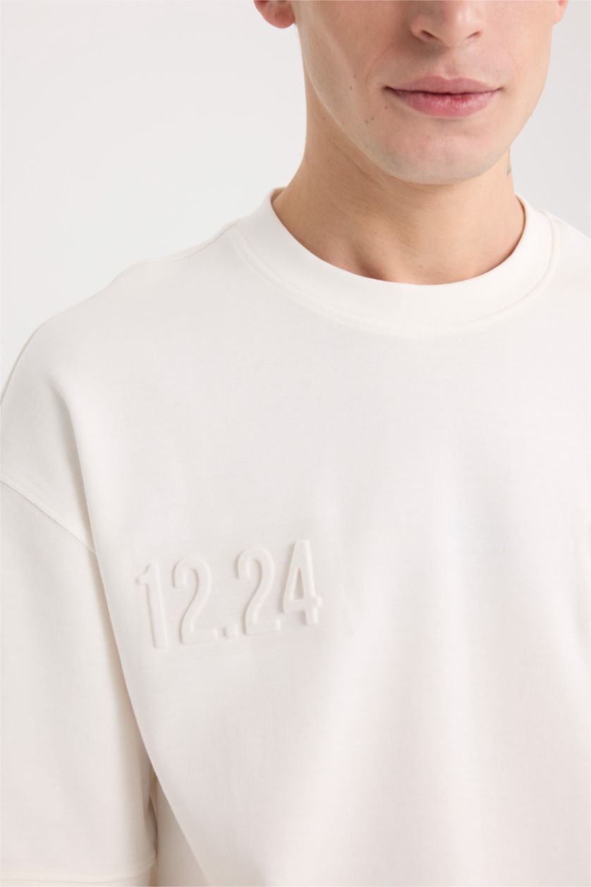 Erkek Ekru Loose Fit Bisiklet Yaka Baskılı Kısa Kollu Ağır Kumaş Tişört