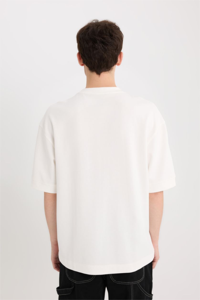 Erkek Ekru Loose Fit Bisiklet Yaka Baskılı Kısa Kollu Ağır Kumaş Tişört