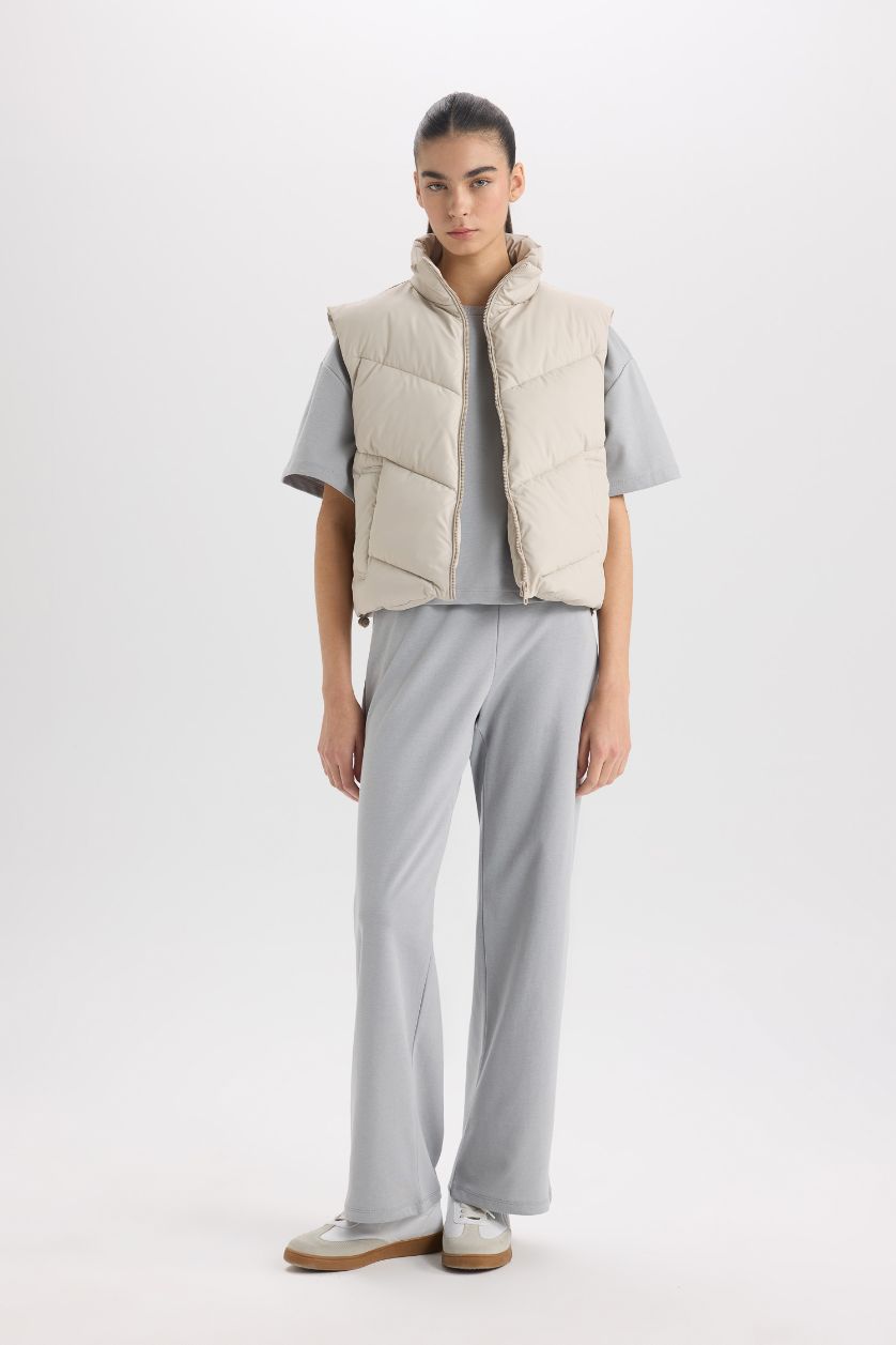 Woman Beige Regular Fit Stand Collar Quilted Zippered Puffer Vest