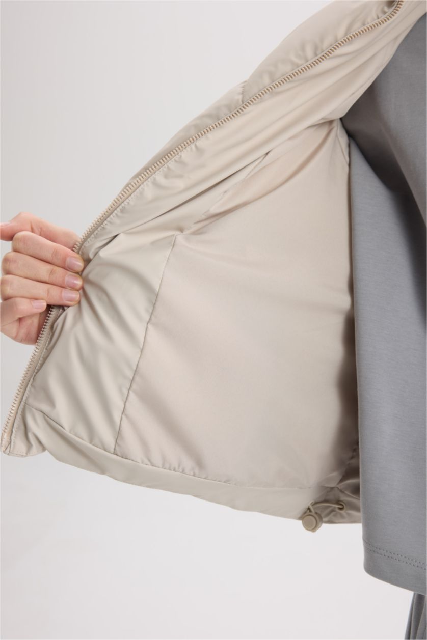 Woman Beige Regular Fit Stand Collar Quilted Zippered Puffer Vest