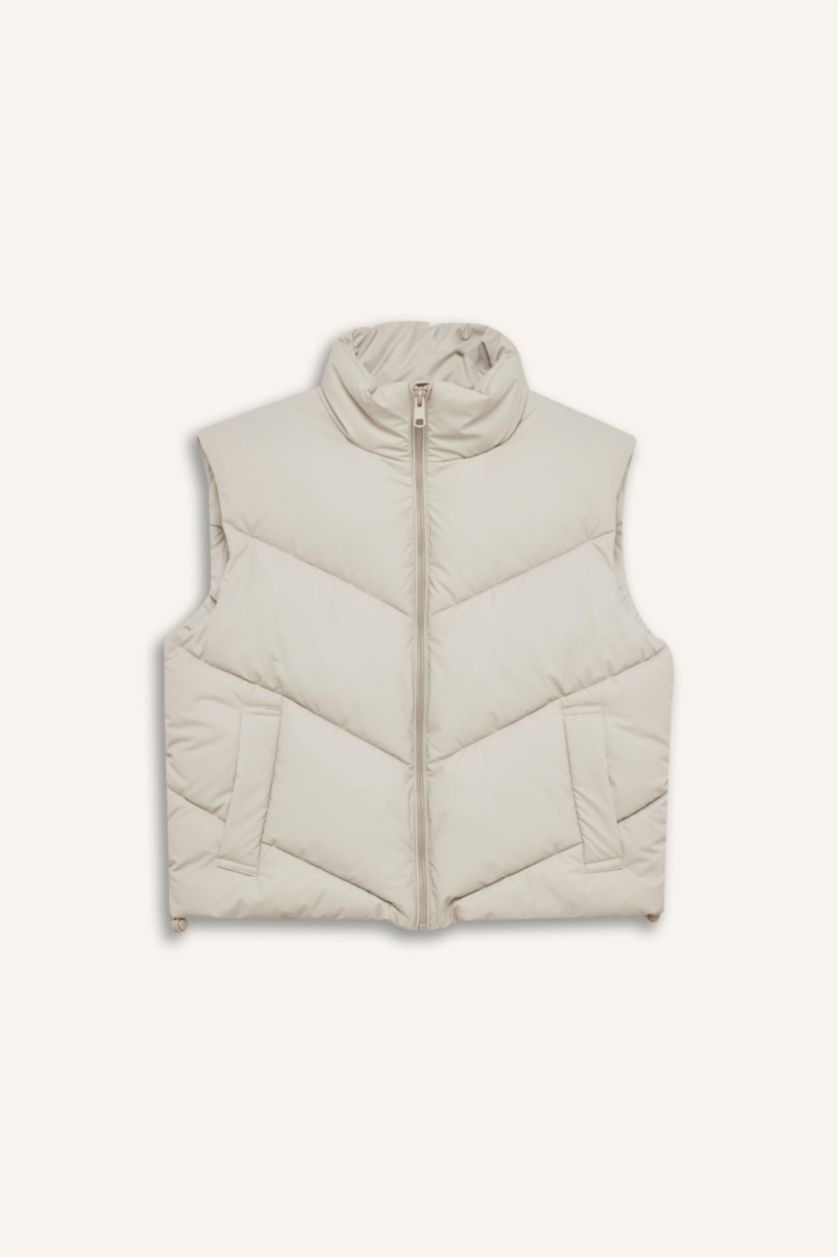 Woman Beige Regular Fit Stand Collar Quilted Zippered Puffer Vest