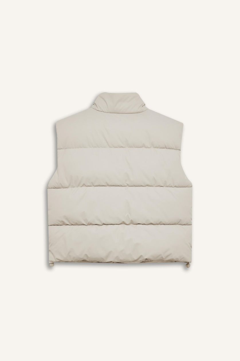 Woman Beige Regular Fit Stand Collar Quilted Zippered Puffer Vest