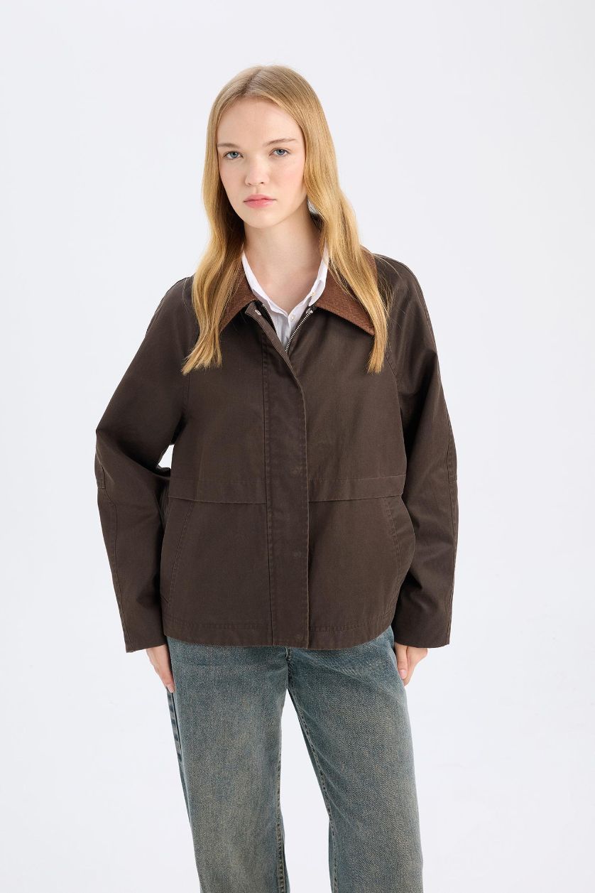 نساء بني جاكيت مشمع مخمل بقصة عادية وياخة بولو