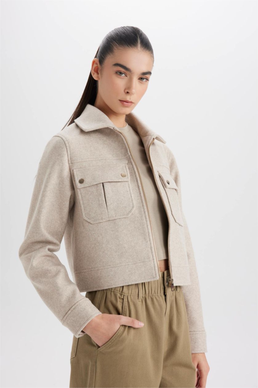 WOMAN Beige Regular Fit Polo Collar Zippered Short Cachet Jacket