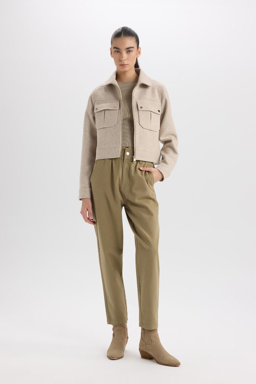 WOMAN Beige Regular Fit Polo Collar Zippered Short Cachet Jacket