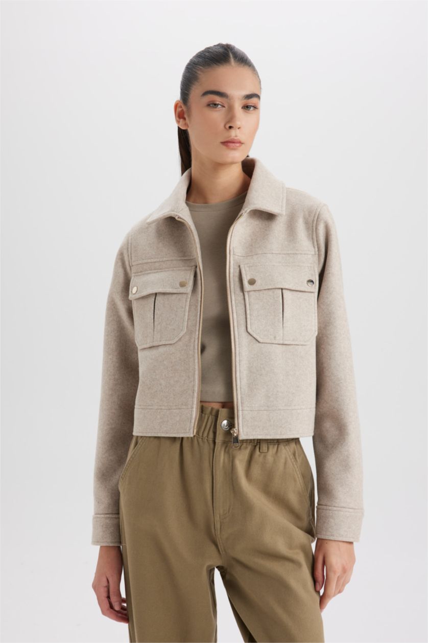 WOMAN Beige Regular Fit Polo Collar Zippered Short Cachet Jacket