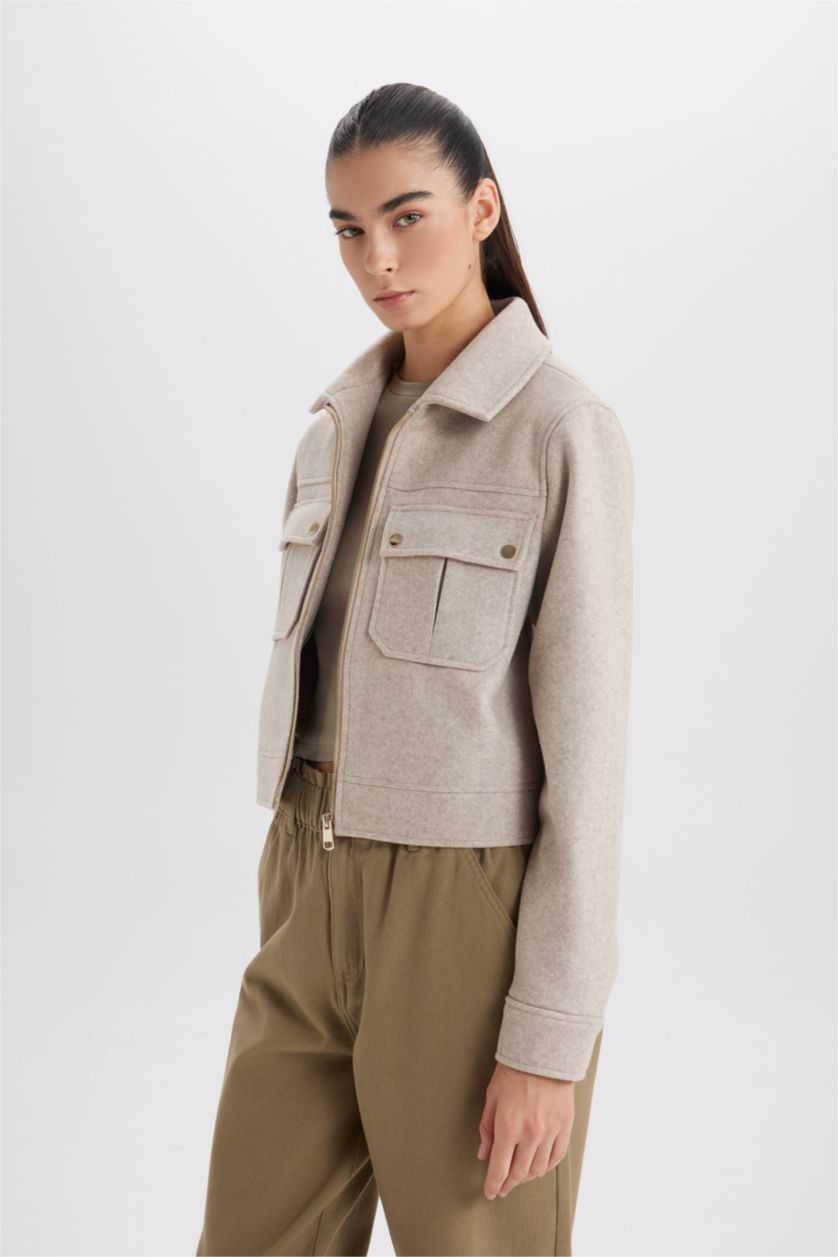 WOMAN Beige Regular Fit Polo Collar Zippered Short Cachet Jacket