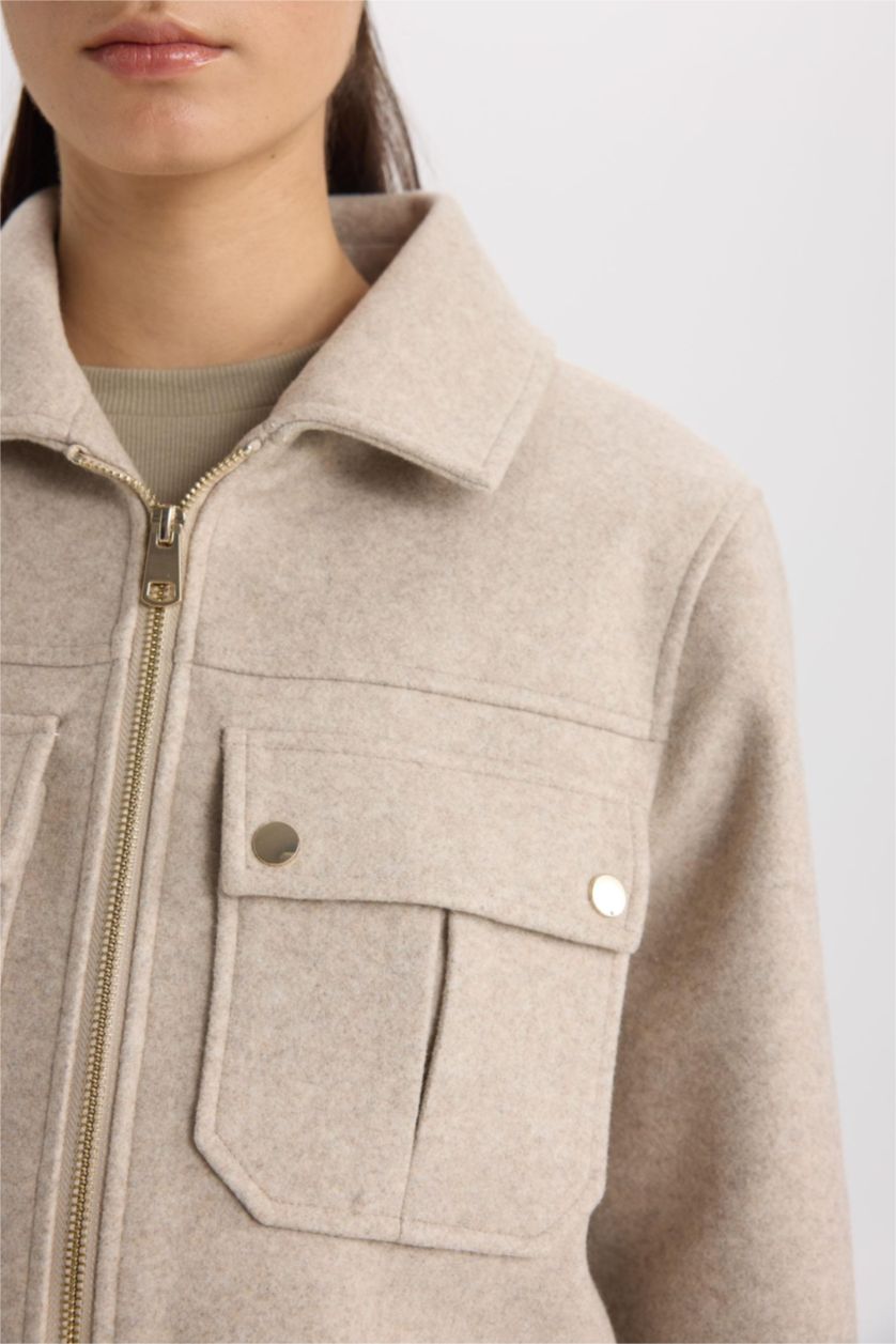 WOMAN Beige Regular Fit Polo Collar Zippered Short Cachet Jacket