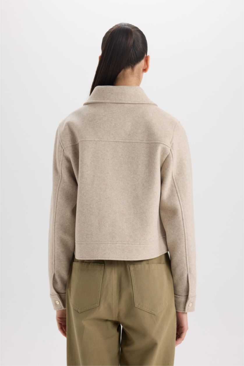 WOMAN Beige Regular Fit Polo Collar Zippered Short Cachet Jacket