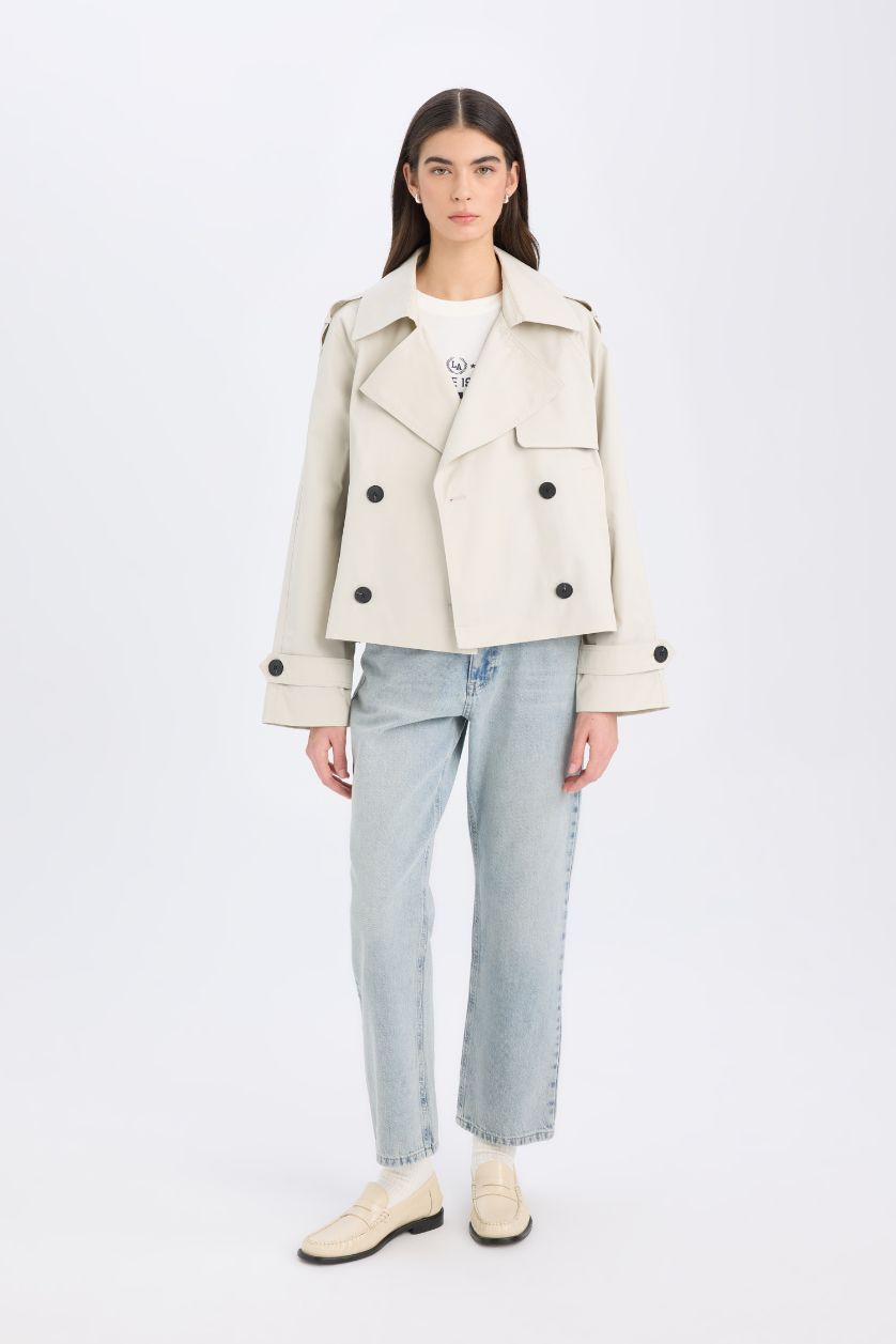 Женщины Слоновая кость Короткий тренч с воротником-стойкой и пуговицами, с карманами и эполетами, прямого кроя