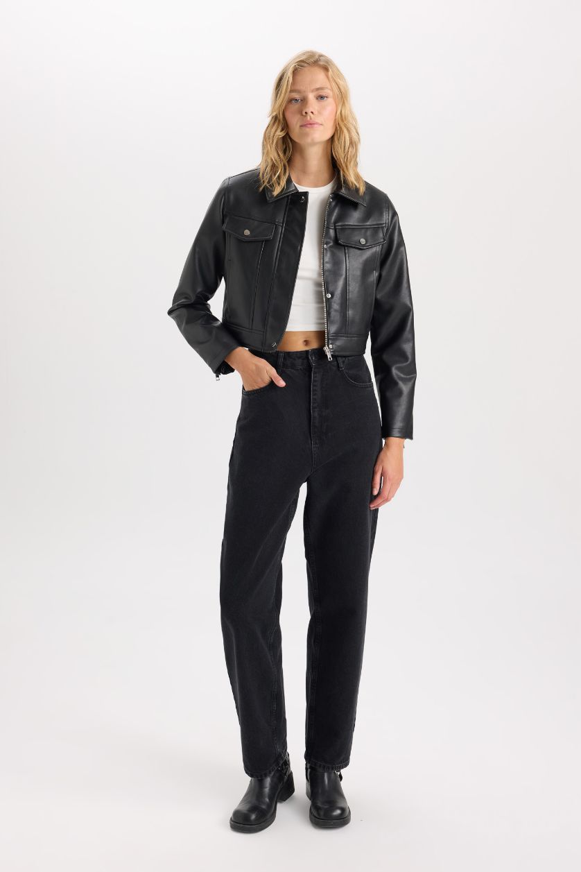 Kadın Siyah Suni Deri Mont Polo Yaka Cepli Fermuarlı Çıtçıtlı