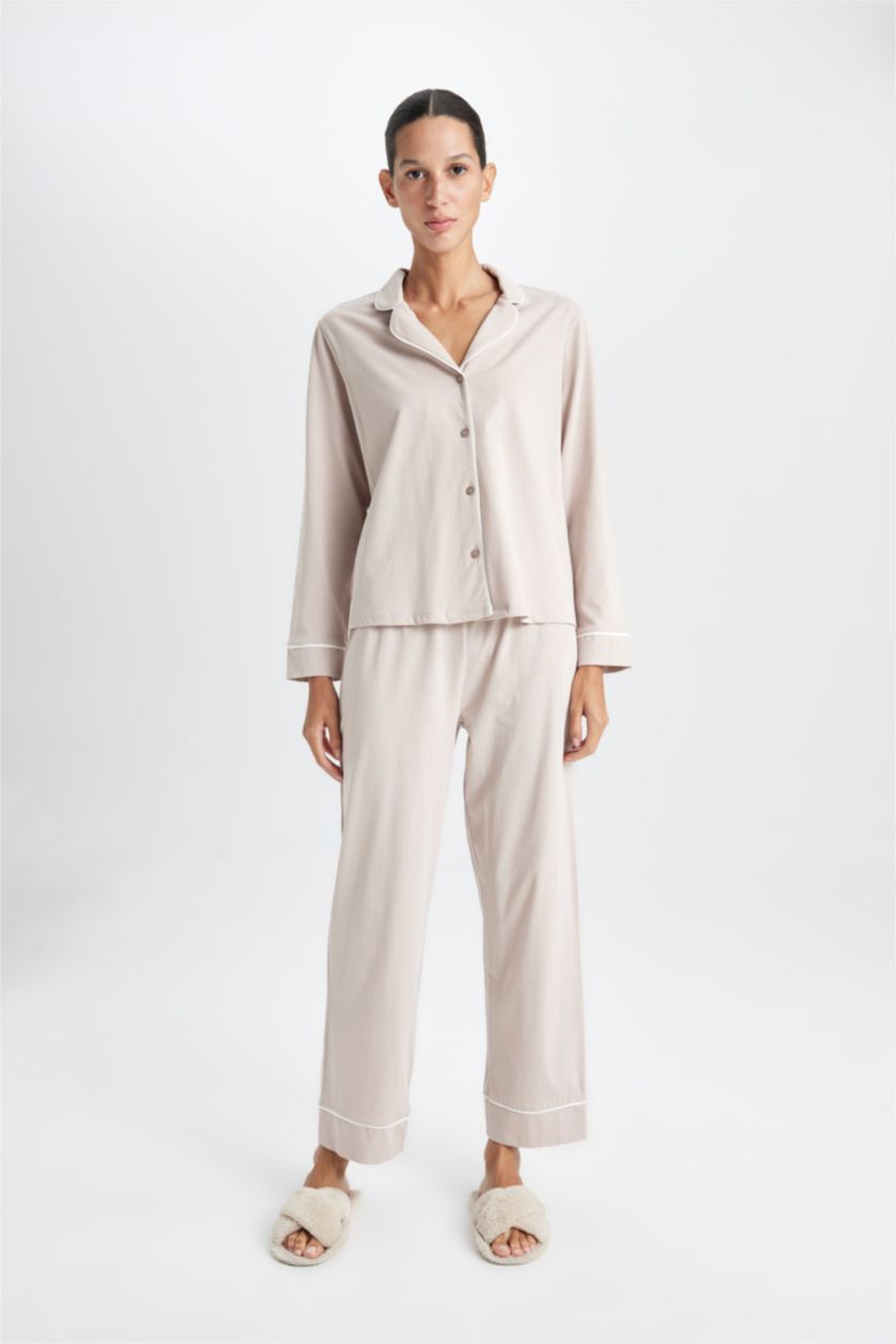 Kadın Bej Pijama Takımı Basic Düz Uzun Kollu Üst Beli Lastikli Uzun Alt