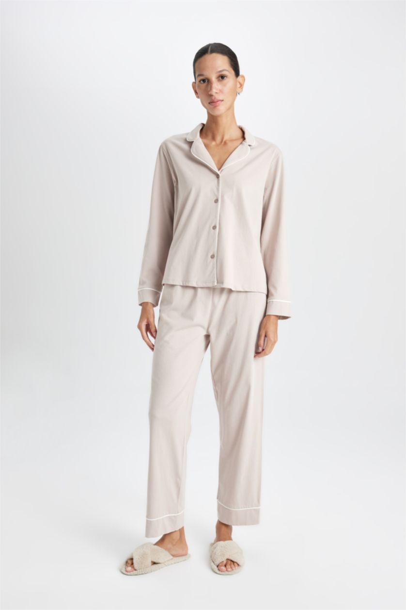 Kadın Bej Pijama Takımı Basic Düz Uzun Kollu Üst Beli Lastikli Uzun Alt