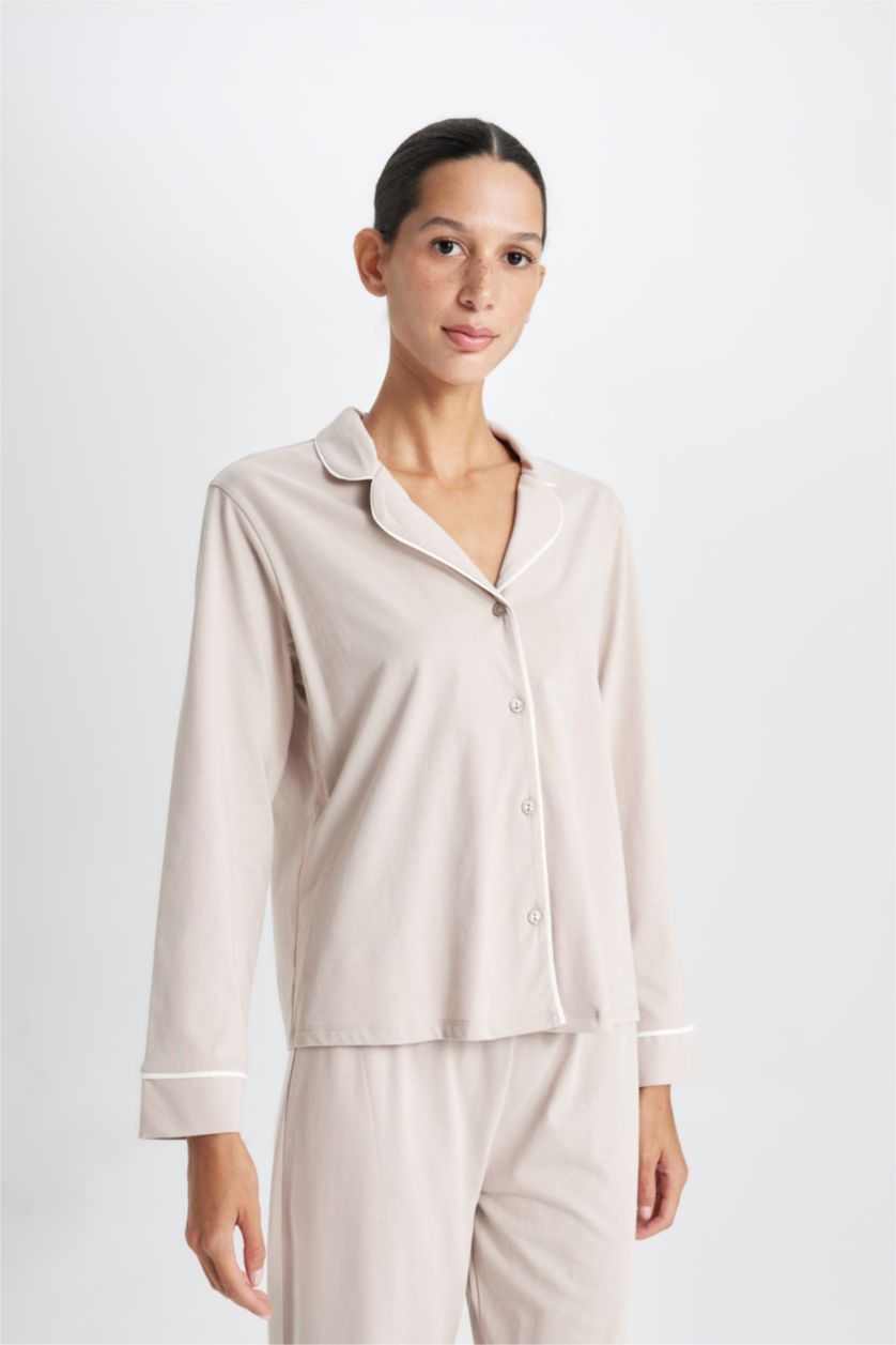 Kadın Bej Pijama Takımı Basic Düz Uzun Kollu Üst Beli Lastikli Uzun Alt
